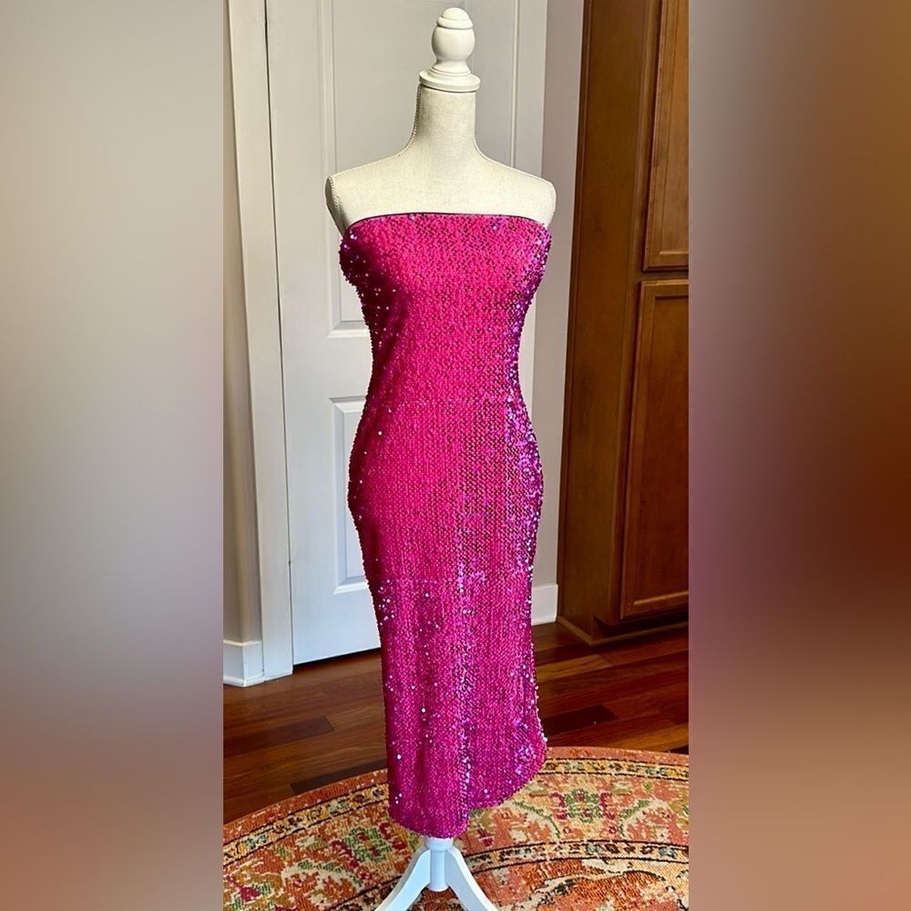 MAGENTA SEQUIN DRESS BODYCON MIDI ROMINA LINED FASHION NOVA PARTY VEGAS NWT SZ L